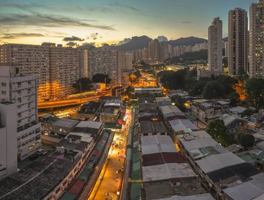 Akşam Alacakaranlık Sahnesi Kam Chi Yolu Islak Pazar Hong Kong