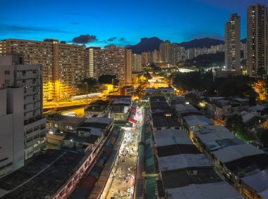 Akşam Alacakaranlık Sahnesi Kam Chi Yolu Islak Pazar Hong Kong