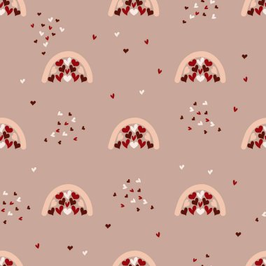 Güzel, pürüzsüz desenli gökkuşağı ve moka arka planda kalpler, aşk düşünceleri, sevgililer günü, aşk, kumaşta baskı, kağıt.