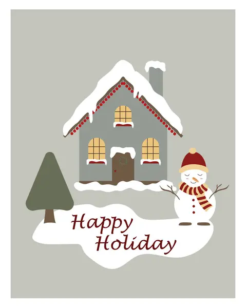 Bir ağaç, bir kışlık ev ve bir kardan adamla Noel zirvesi. Yeni yıl kartı. Noel hediyeli şirin bir klip seti. Vektör grafikleri.