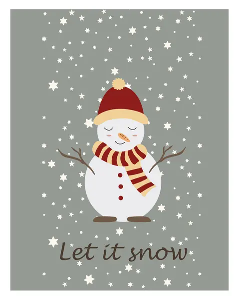 Güzel şapkalı ve atkılı bir kardan adamla Noel klubü. Yeni yıl kartı. Noel hediyeli şirin bir klip seti. Vektör grafikleri. Gri arkaplan, karlı