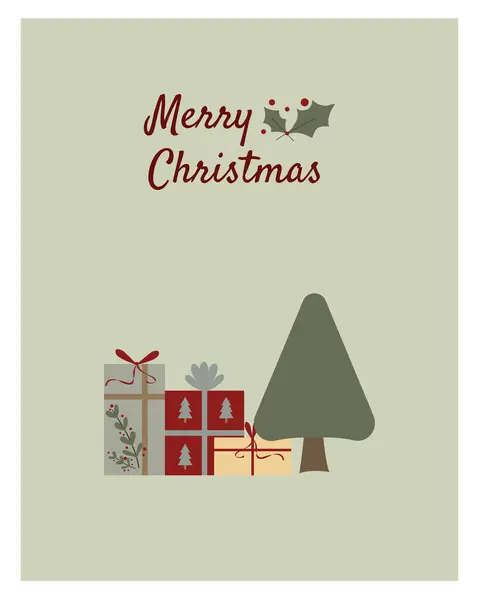 Bir ağaç ve hediyelerle Noel klubü. Yeni yıl kartı. Noel hediyeli şirin bir klip seti. Vektör grafikleri. Ökseotu.