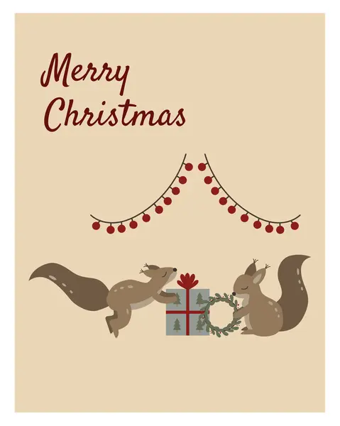 Sincaplar ve hediyelerle Noel klubü. Yeni yıl kartı. Noel hediyeli şirin bir klip seti. Vektör grafikleri. Ökseotu.