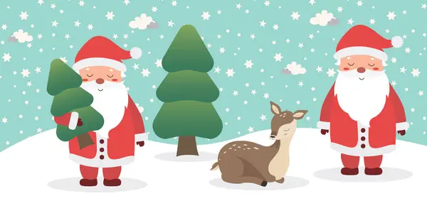 Şirin Mutlu Noeller ve Noel Baba, geyik ve Noel ağacı olan yeni yıl tebrik kartı. Kış mevsiminde tatil çizgi filmi karakteri.