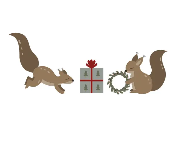 Noel elementleri, set, sincaplar ve hediyelerle dolu. Noel hediyeli şirin bir klip seti. Vektör grafikleri. Ökseotu.