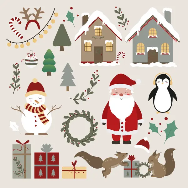 Noel elementleri, set, Noel Baba ile tırmanma, evler ve sincaplar. Noel hediyeli şirin bir klip seti. Vektör grafikleri. Ökseotu. Penguen ve Kardan Adam