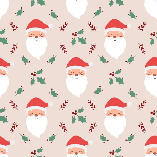 Noel Baba 'yla Noel şirin desenli ve yapraklı. Yeni yıl kartın kutlu olsun. Vektör grafikleri. Hafif arka plan, karlı. Ökseotu, Mutlu Noel Baba. Kusursuz yazdırma