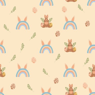Paskalya yumurtalı sevimli tavşanlar, pastel arka planda bitkiler ve gökkuşağı, kusursuz desenler.