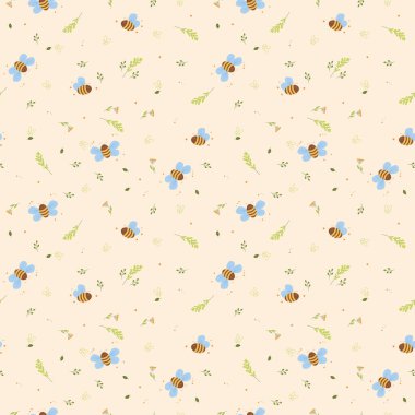 Tatlı Paskalya, çiçekler ve pastel arka planda arılar, kusursuz desenler.