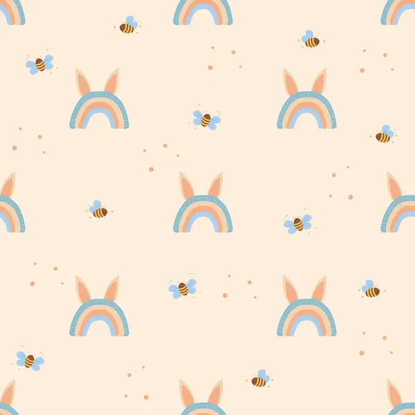 Tatlı Paskalya gökkuşakları ve pastel arka planda arılar, kusursuz desenler.