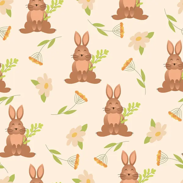 Paskalya yumurtalı sevimli tavşanlar, pastel arka planda bitkiler ve gökkuşağı, kusursuz desenler.