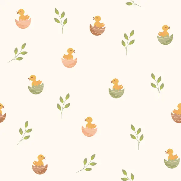 Paskalya yumurtalı şirin ördekler, pastel arka planda bitkiler ve gökkuşağı, kusursuz desenler.