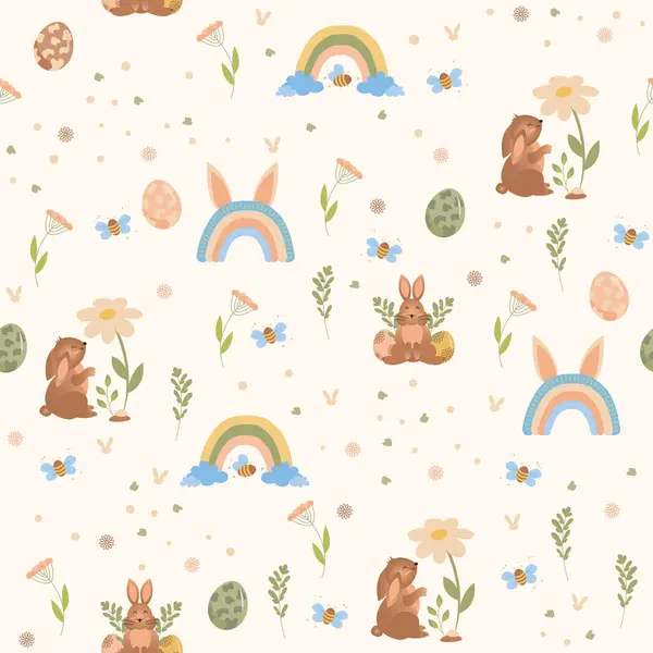 Paskalya yumurtalı şirin tavşanlar ve ördekler, pastel arka planda bitkiler ve gökkuşağı, kusursuz desenler.