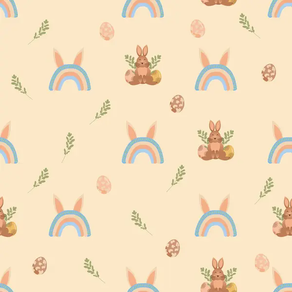 Paskalya yumurtalı sevimli tavşanlar, pastel arka planda bitkiler ve gökkuşağı, kusursuz desenler.