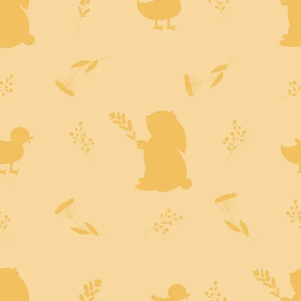 Paskalya yumurtalı şirin tavşanlar ve ördekler, pastel arka planda bitkiler, kusursuz desenler.