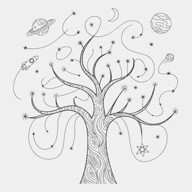 Merkezinde bir yıldız ve arka planında bir gezegen olan bir çiçek çizilir. Çiçek bir galaksi dolusu yıldız ve gezegenle çevrilidir.