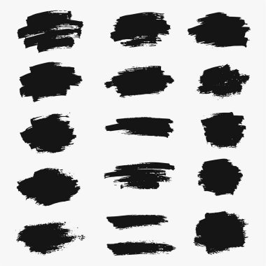 Bir dizi siyah fırça darbesi, fırça ve çizim tarzında çizgiler ve şekiller içerir. Darbelerin kalınlığı ve uzunluğu farklıdır ve çeşitli etkiler yaratmak için kullanılabilir.