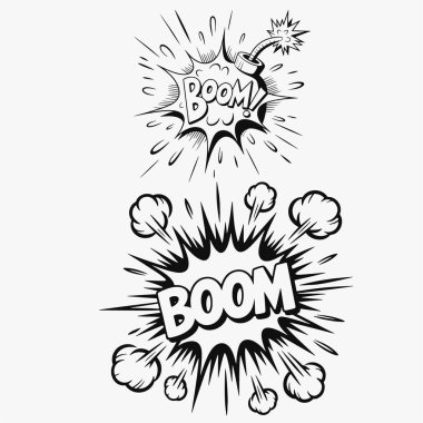 Bir dizi patlama çizimi. Çizim fırça ve karalama tarzı, ama hepsinin patlama teması aynı.