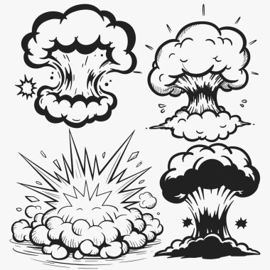 Bir dizi patlama çizimi. Çizim fırça ve karalama tarzı, ama hepsinin patlama teması aynı.