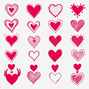 Farklı tarz ve boyutlarda kalp koleksiyonu. Kalpler pastel boya ile çizilir ve bir ızgaraya dizilir. Sahne eğlenceli ve kaprisli.