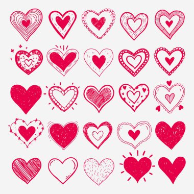 Farklı tarz ve boyutlarda kalp koleksiyonu. Kalpler pastel boya ile çizilir ve bir ızgaraya dizilir. Sahne eğlenceli ve kaprisli.