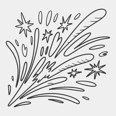 Bir sürü yıldızlı havai fişek patlamasının siyah beyaz çizimi. Çizimin havası kutlama ve heyecan verici.