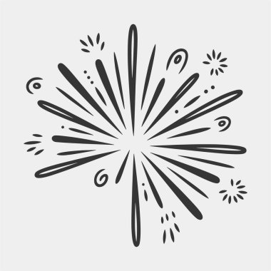 Bir sürü yıldızlı havai fişek patlamasının siyah beyaz çizimi. Çizimin havası kutlama ve heyecan verici.