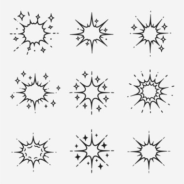 Farklı türde patlamalar veya kıvılcımlar. Siyah-beyaz görüntüler şekil ve boyut olarak değişir..