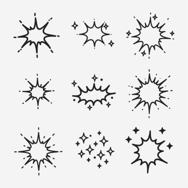 Farklı türde patlamalar veya kıvılcımlar. Siyah-beyaz görüntüler şekil ve boyut olarak değişir..