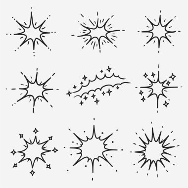 Farklı türde patlamalar veya kıvılcımlar. Siyah-beyaz görüntüler şekil ve boyut olarak değişir..