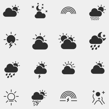 Hava ikonları yağmur, güneş ve bulutlar dahil olmak üzere çeşitli hava koşullarını göstermektedir. Simgeler siyah beyaz.