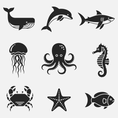 Siyah beyaz deniz canlıları ve deniz yaratıklarının bir koleksiyonu. Yaratıklar basit, minimalist bir şekilde tasvir edilir.