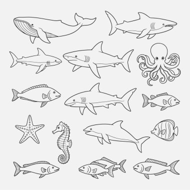 Siyah beyaz deniz canlıları ve deniz yaratıklarının bir koleksiyonu. Yaratıklar basit, minimalist bir şekilde tasvir edilir.