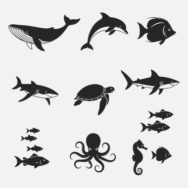 Siyah beyaz deniz canlıları ve deniz yaratıklarının bir koleksiyonu. Yaratıklar basit, minimalist bir şekilde tasvir edilir.