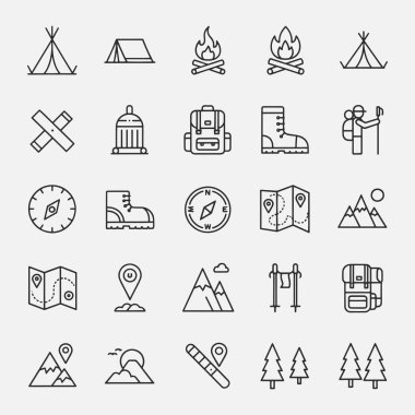 Kamp yapmak ve yürüyüş yapmak için bir takım ikonlar