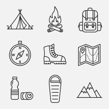 Kamp yapmak ve yürüyüş yapmak için bir takım ikonlar
