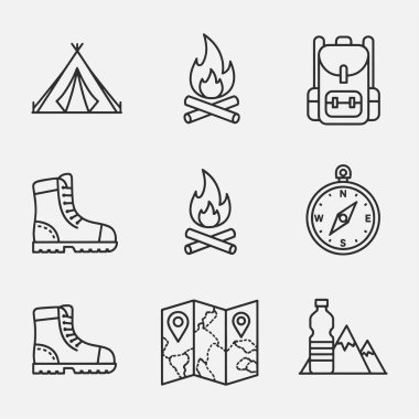 Kamp yapmak ve yürüyüş yapmak için bir takım ikonlar
