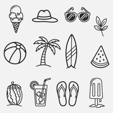 Yaz etkinlikleri için bir takım ikonlar. Vektör İllüstrasyonu
