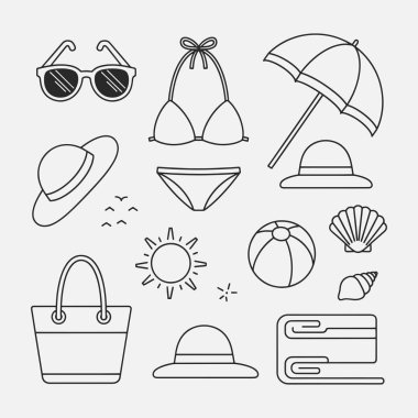 Yaz etkinlikleri için bir takım ikonlar. Vektör İllüstrasyonu