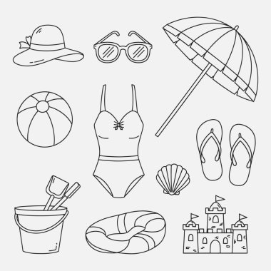 Yaz etkinlikleri için bir takım ikonlar. Vektör İllüstrasyonu