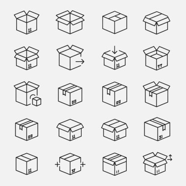 Bir paket kutusu simgeleri seti siyah ve beyaz biçiminde gösterilir