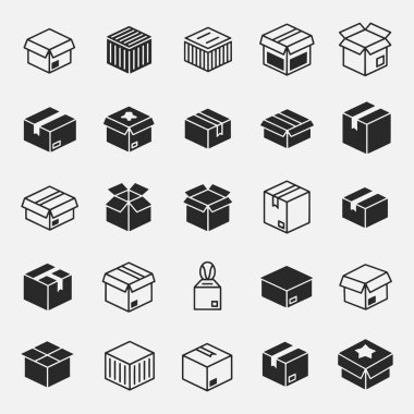 Bir paket kutusu simgeleri seti siyah ve beyaz biçiminde gösterilir