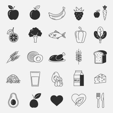 Sağlıklı gıda ve beslenme vektörü ikonları. Vektör İllüstrasyonu