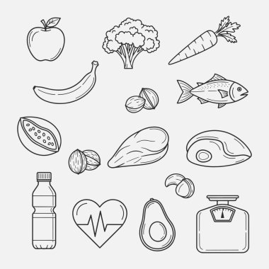 Sağlıklı gıda ve beslenme vektörü ikonları. Vektör İllüstrasyonu
