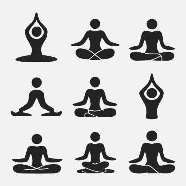 Yoga pozları ve meditasyon için siyah beyaz ikonlar. Sahne huzurlu ve rahatlatıcı..