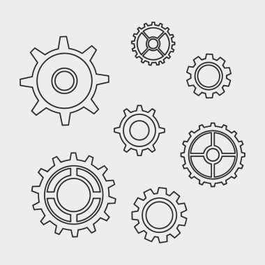 Bir takım siyah dişli simgeleri. Çizimde içinde sayısız vites bulunan bir çember tasvir ediliyor. Vektör İllüstrasyonu