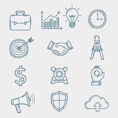 İşle ilgili çeşitli simgelerin el yapımı karalamaları. Vektör illüstrasyonu