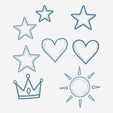 Yıldızlar, kalpler, gümüş bir karga ve güneş gibi el yapımı emoji sembolleri. Vektör illüstrasyonu