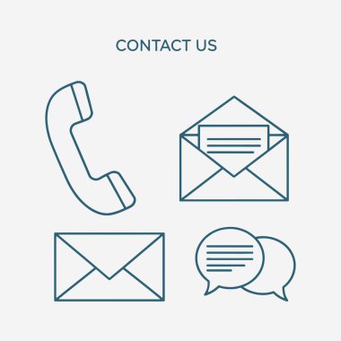 Kişi sayfası için simge koleksiyonu. Simgeler arasında bir telefon, bir insan ve bir zarf var. Vektör İllüstrasyonu