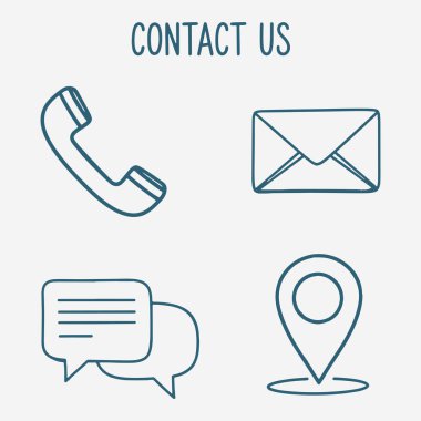 Kişi sayfası için simge koleksiyonu. Simgeler arasında bir telefon, bir insan ve bir zarf var. Vektör İllüstrasyonu